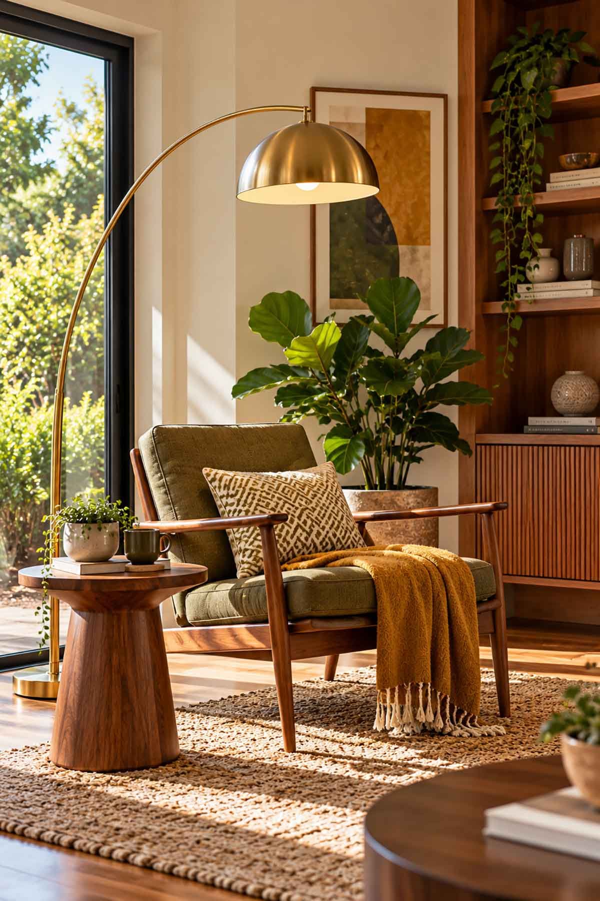 Mid-century reading corner with a curved arc floor lamp, timber side table and upholstered lounge chair.