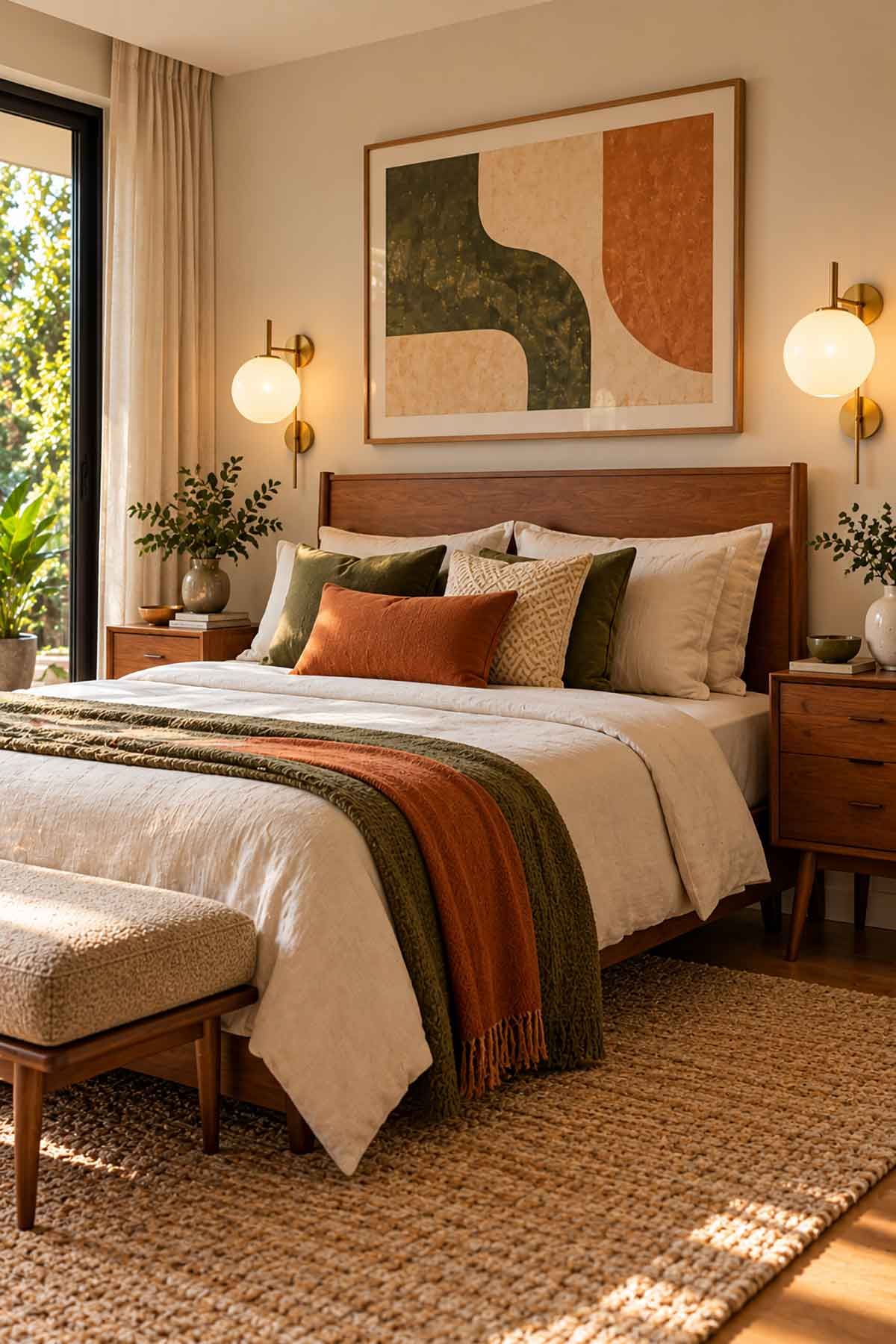 Mid-century modern bedroom with brass and opal glass wall sconces, timber bedhead and neutral bedding.