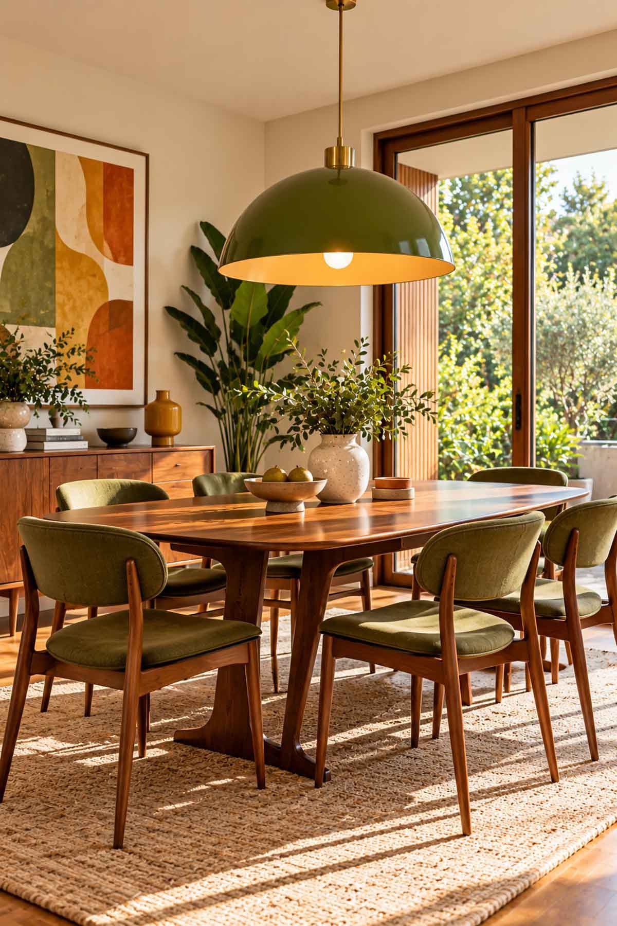 Mid-century inspired Australian dining room with an olive green dome pendant light and warm timber dining furniture.