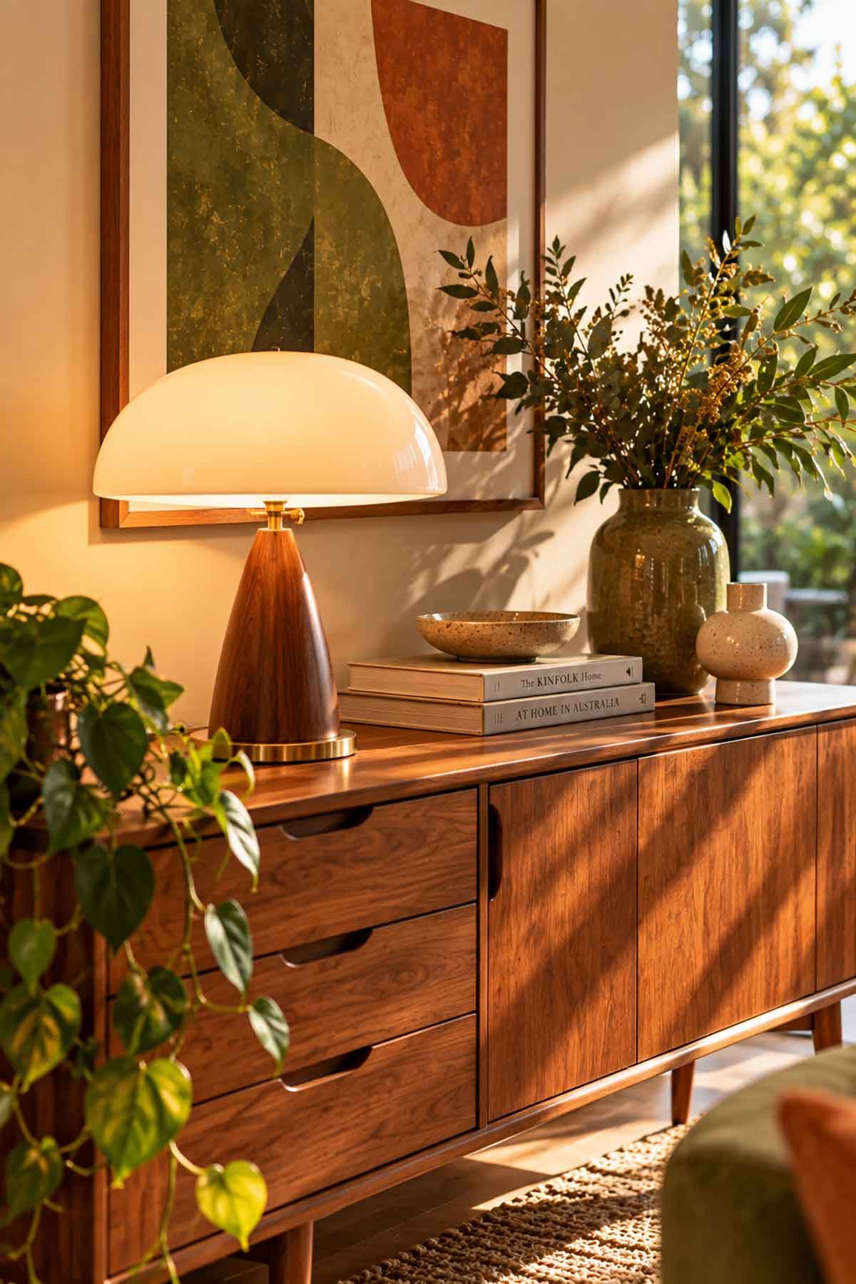 Sculptural mid-century table lamp styled on a walnut sideboard with books, ceramics and native foliage.