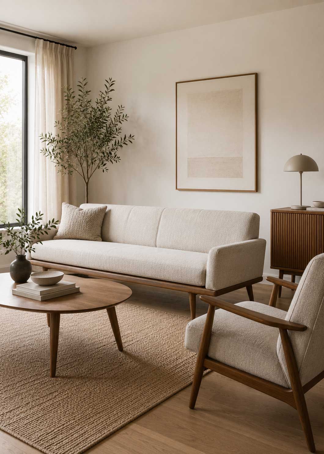 A simply styled minimalist living space with a textured cream sofa suite. 