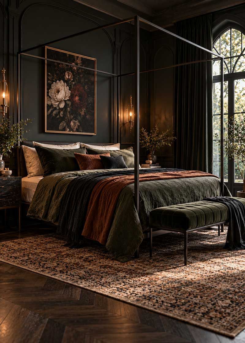 Dark gothic-style bedroom featuring a sleek black metal four-poster bed, deep green bedding, ornate wall details and dramatic lighting. Dark gothic-style bedroom featuring a sleek black metal four-poster bed, deep green bedding, ornate wall details and dramatic lighting.