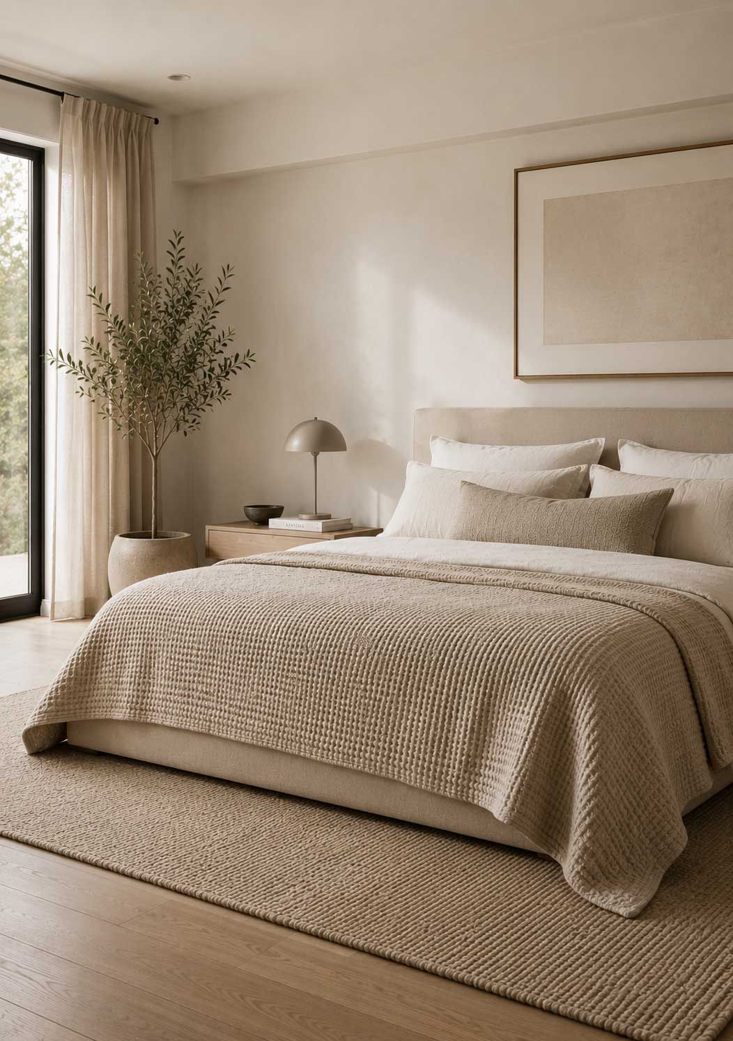 A minimalist bedroom with textured bedspread designed to create a little more interest.