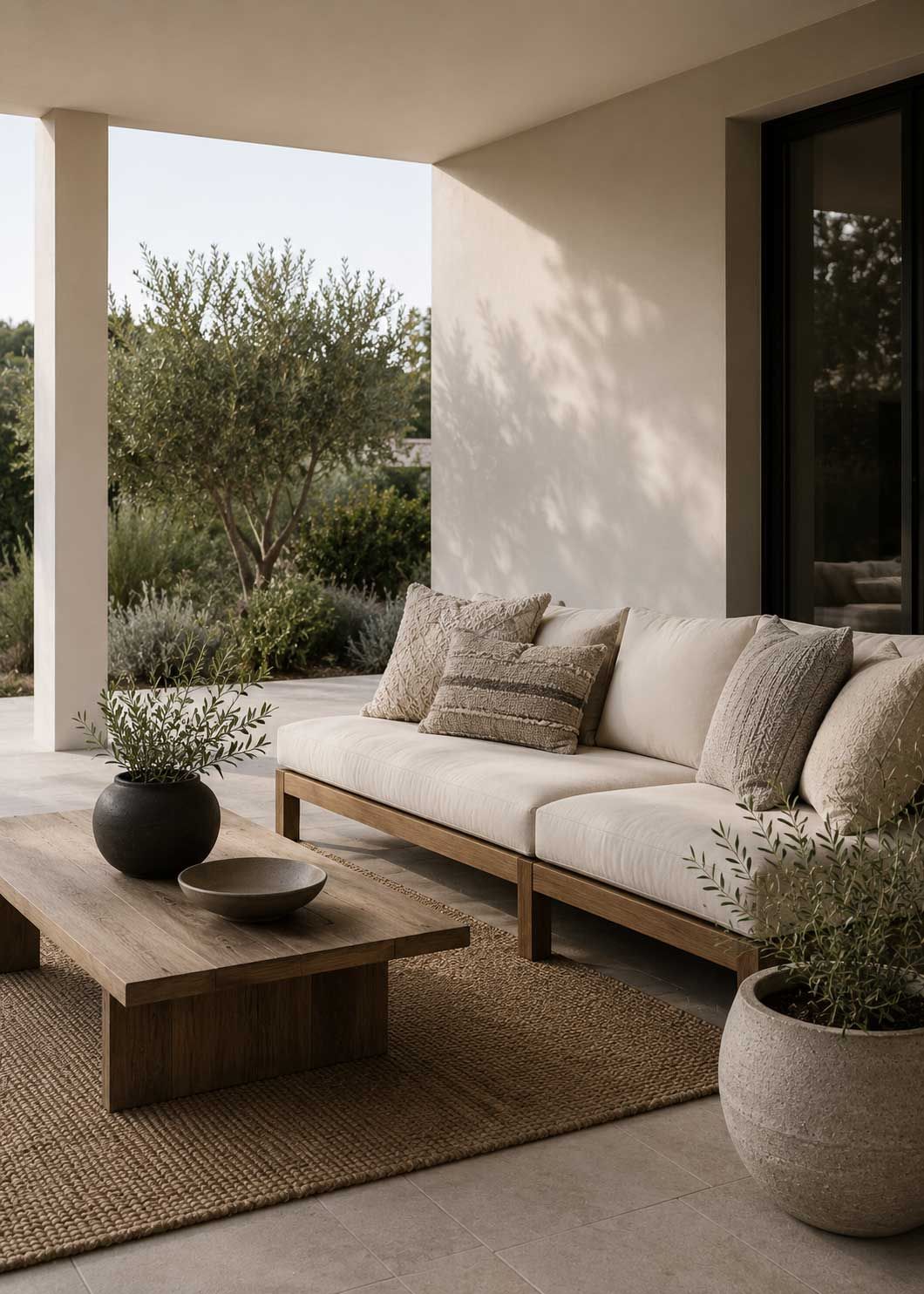 An outdoor living space with natural fibre cushions. 