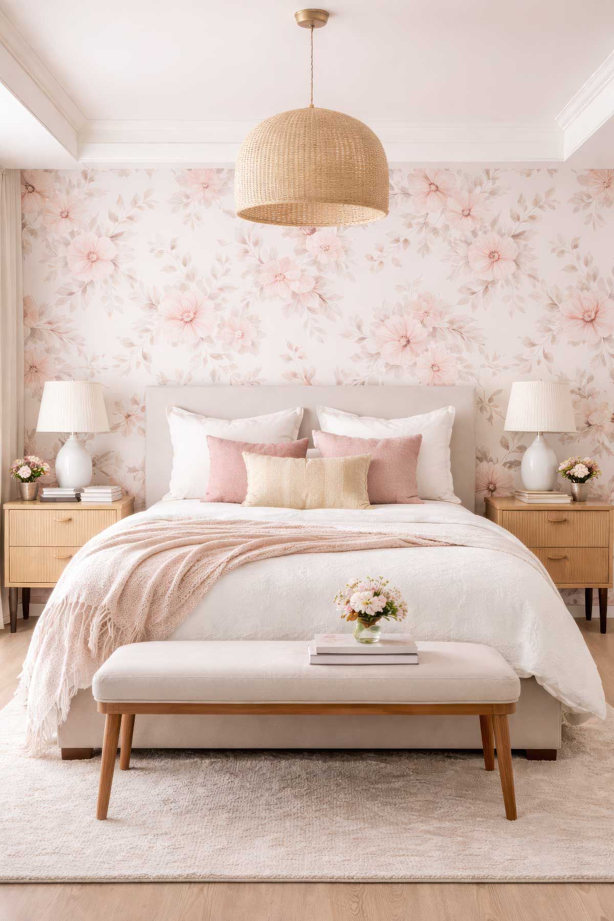A modern master bedroom with pale pink floral wallpaper on the wall behind the bed. 