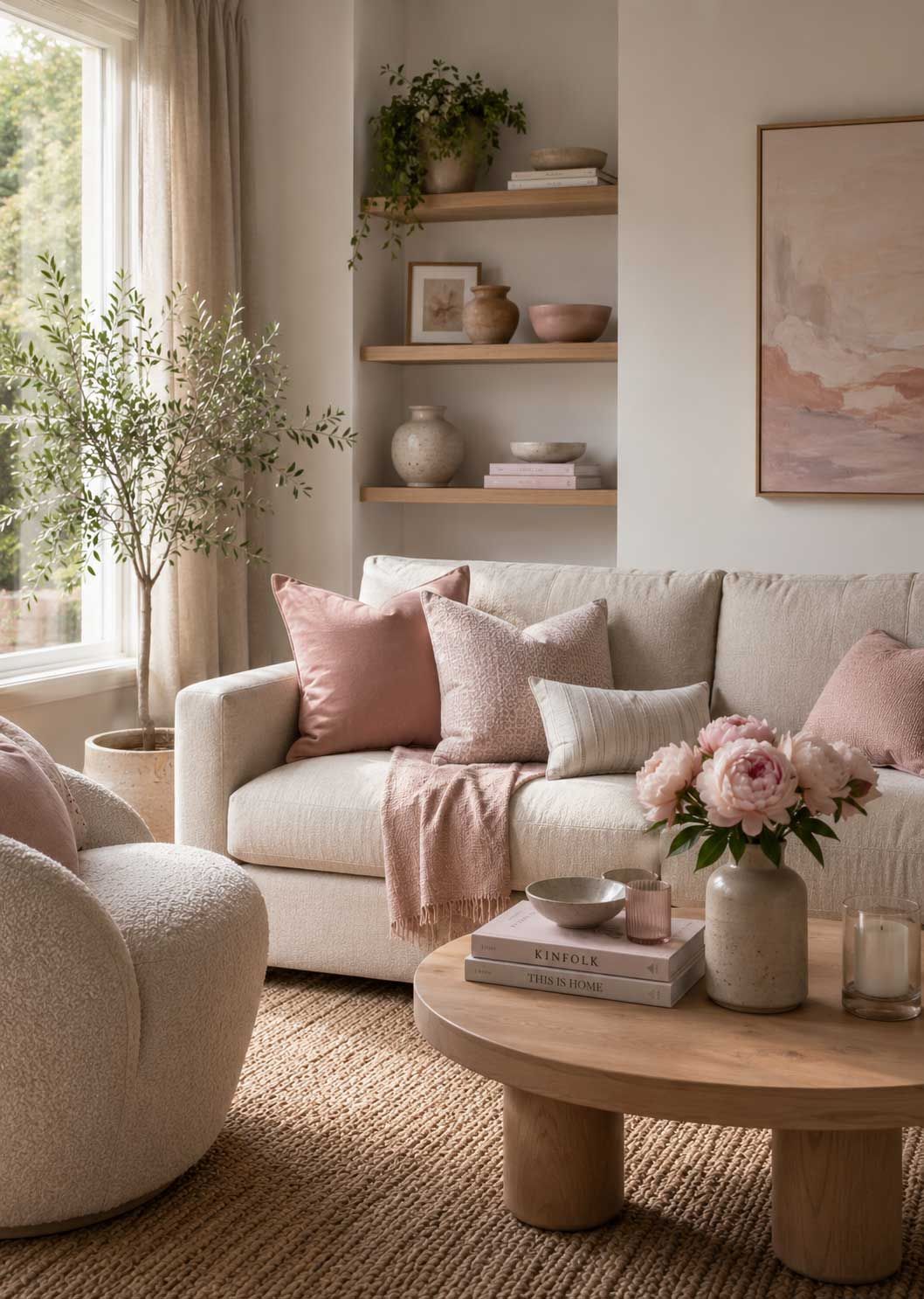 Living area's can be softed with neutral colours like pink quite successfully
