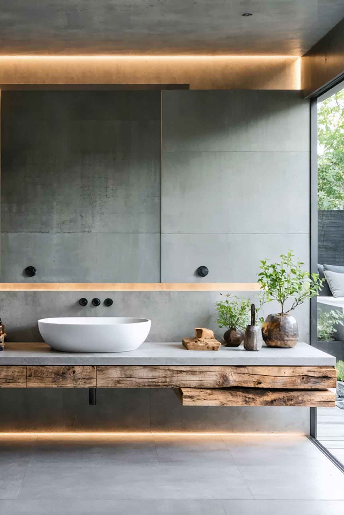 A bathroom with a sink and a large mirror with a rustic timber bench.