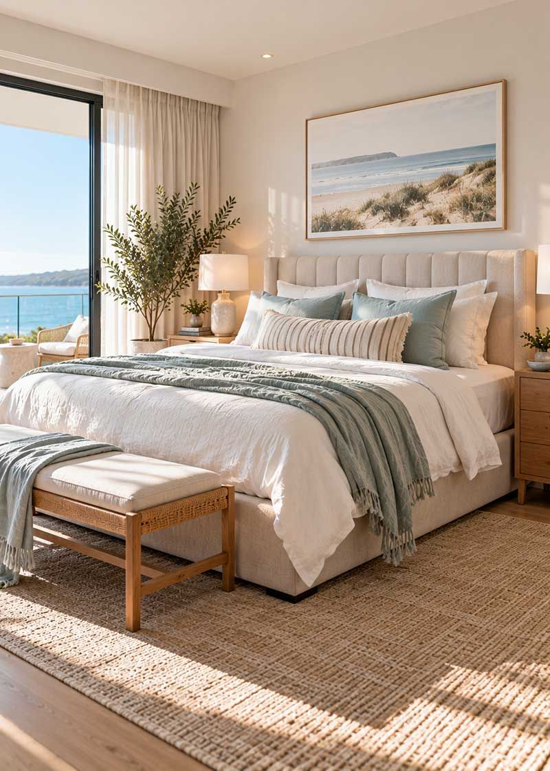 Coastal master bedroom with a cream upholstered bed frame, soft blue bedding, natural timber furniture and ocean views. Coastal master bedroom with a cream upholstered bed frame, soft blue bedding, natural timber furniture and ocean views.