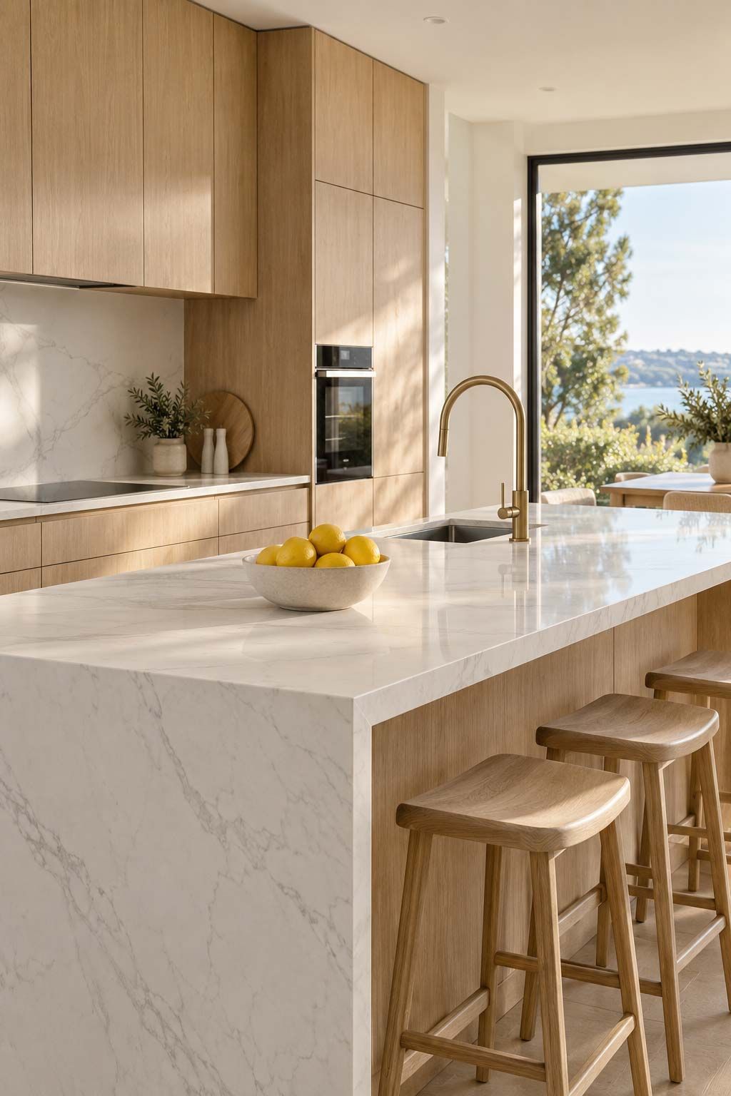 A bright light timber kitchen with marble look quartz benchtops. 