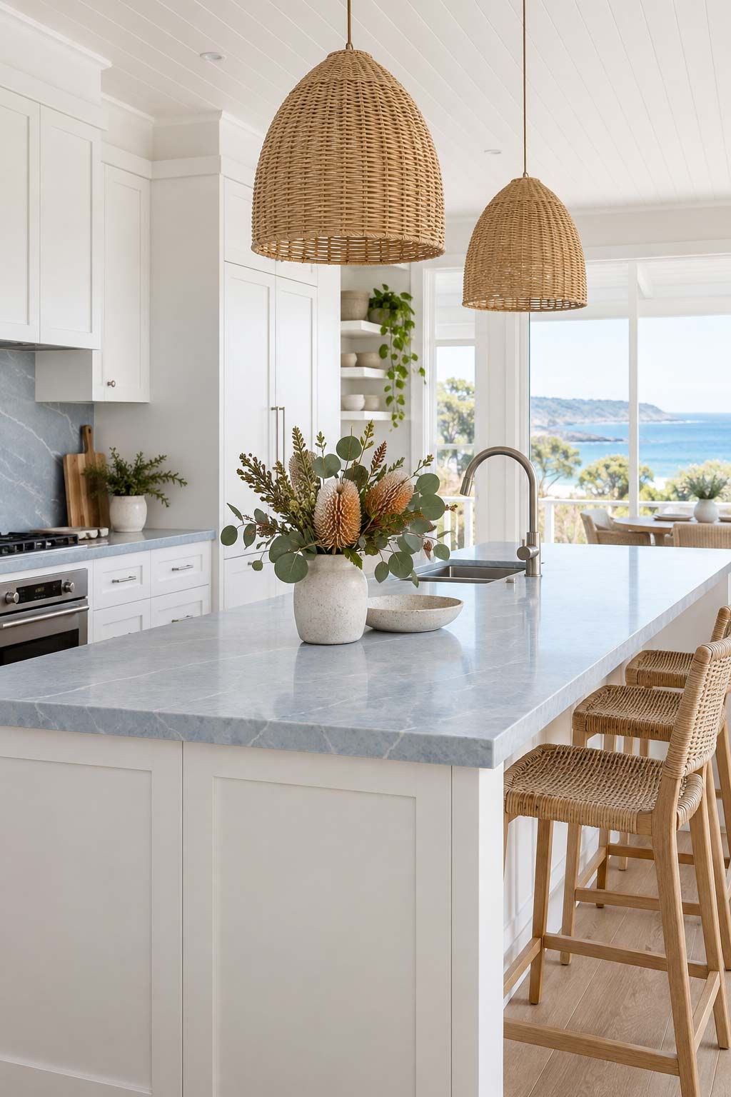 An Australian kitchen with shaker style timber cabinets and light blue grained quartz benchtops