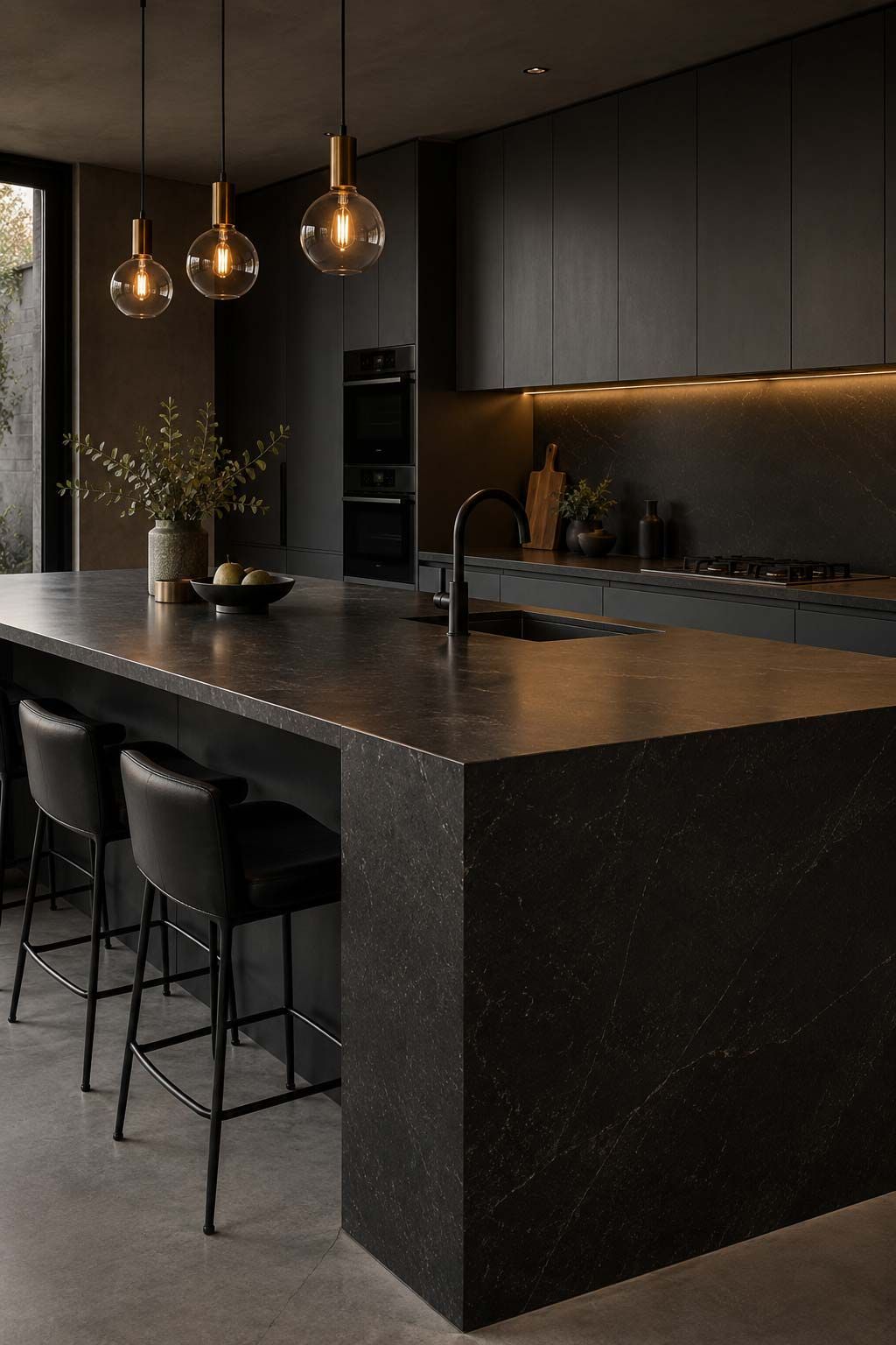 A dark moody kitchen with black cabinetry and dark granite look benchtops