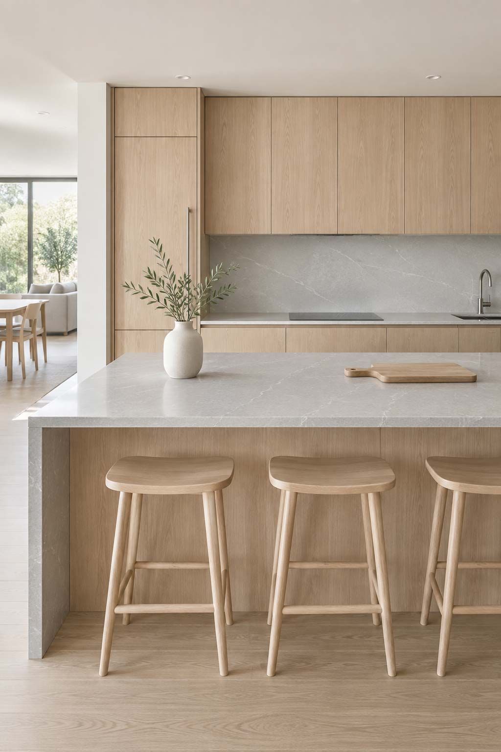 A light bright Scandinavian inspired kitchen with soft grey benchtops and blonde timber cabinets