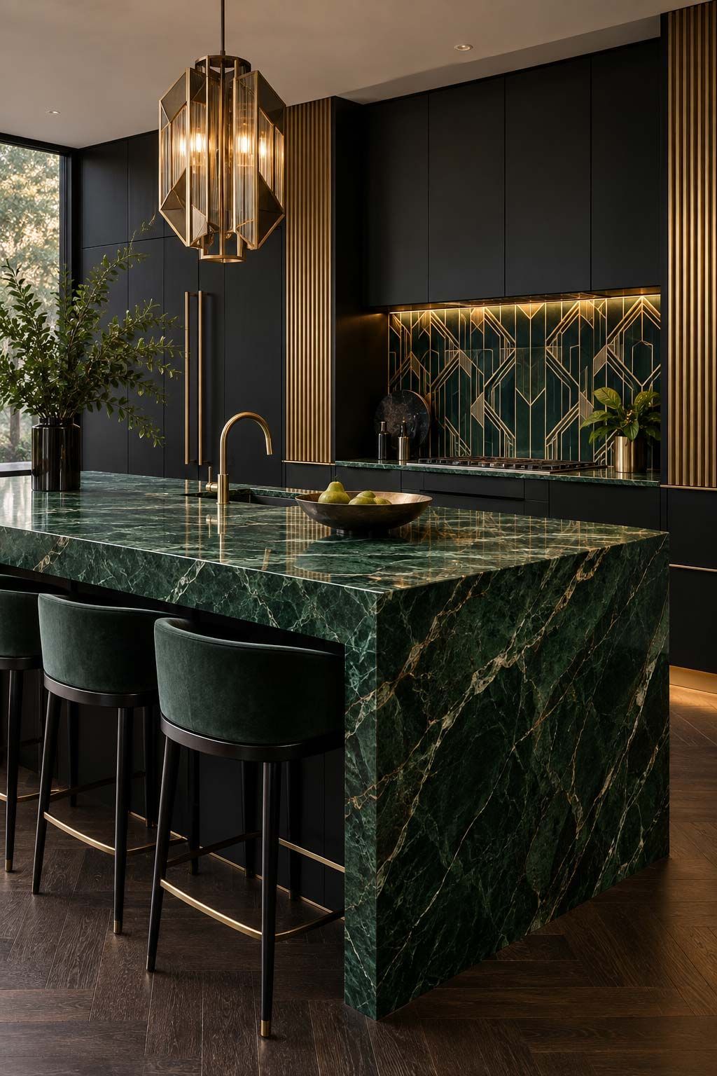 Dark green luxury kitchen with marble look benches and art deco style