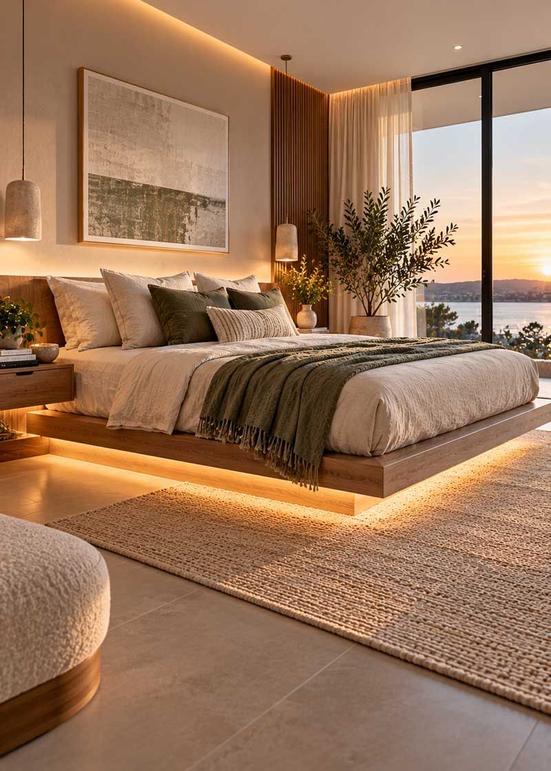 Modern minimalist bedroom featuring a floating timber platform bed with concealed LED lighting, neutral bedding and contemporary furnishings. Modern minimalist bedroom featuring a floating timber platform bed with concealed LED lighting, neutral bedding and contemporary furnishings.