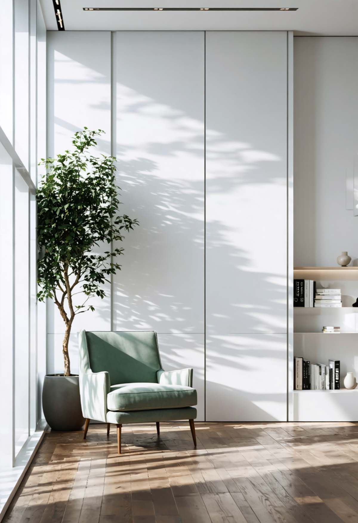 A mint green comfortable chair sits next to a window with light streaming in. 