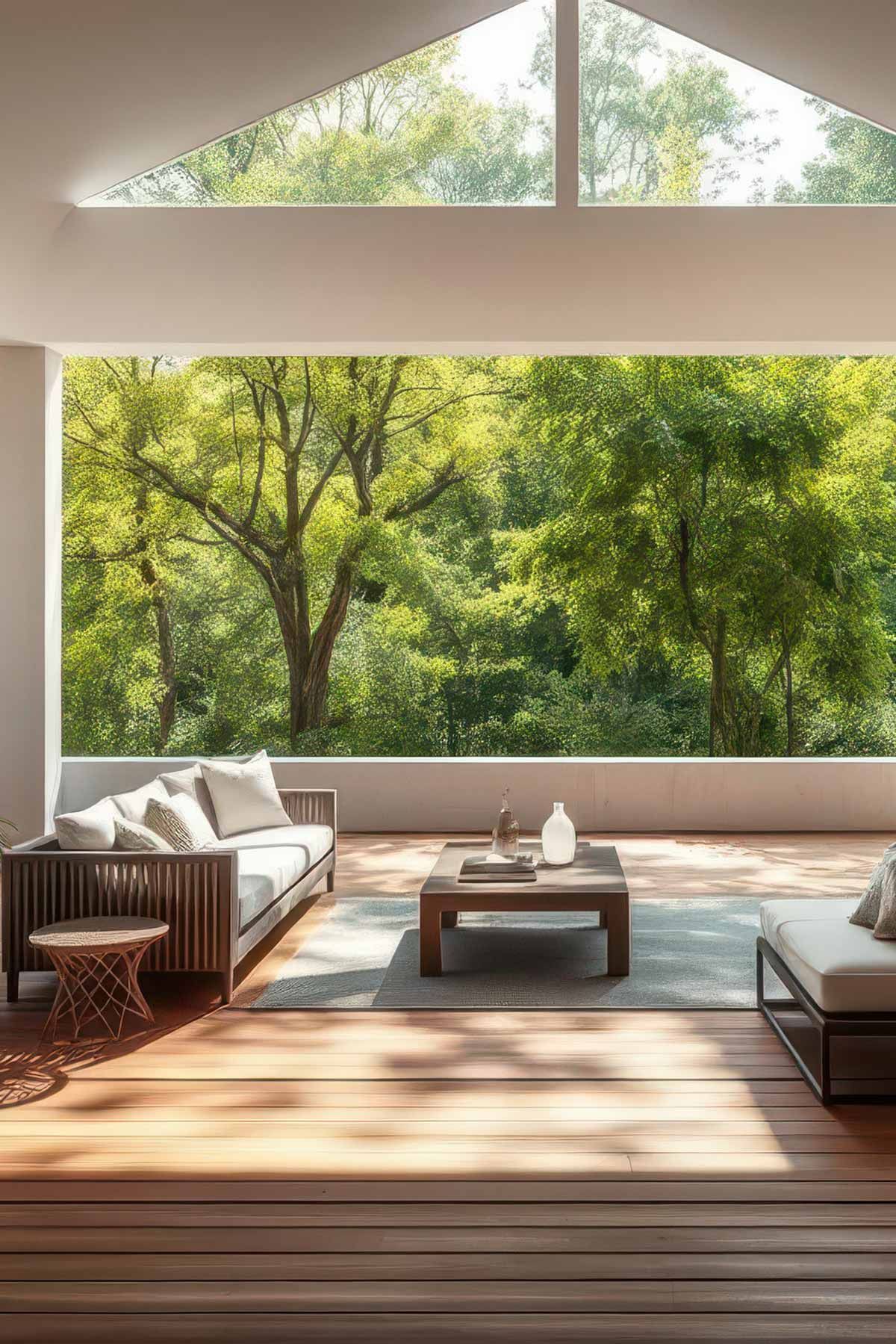 A living room with a couch , coffee table , and large window.