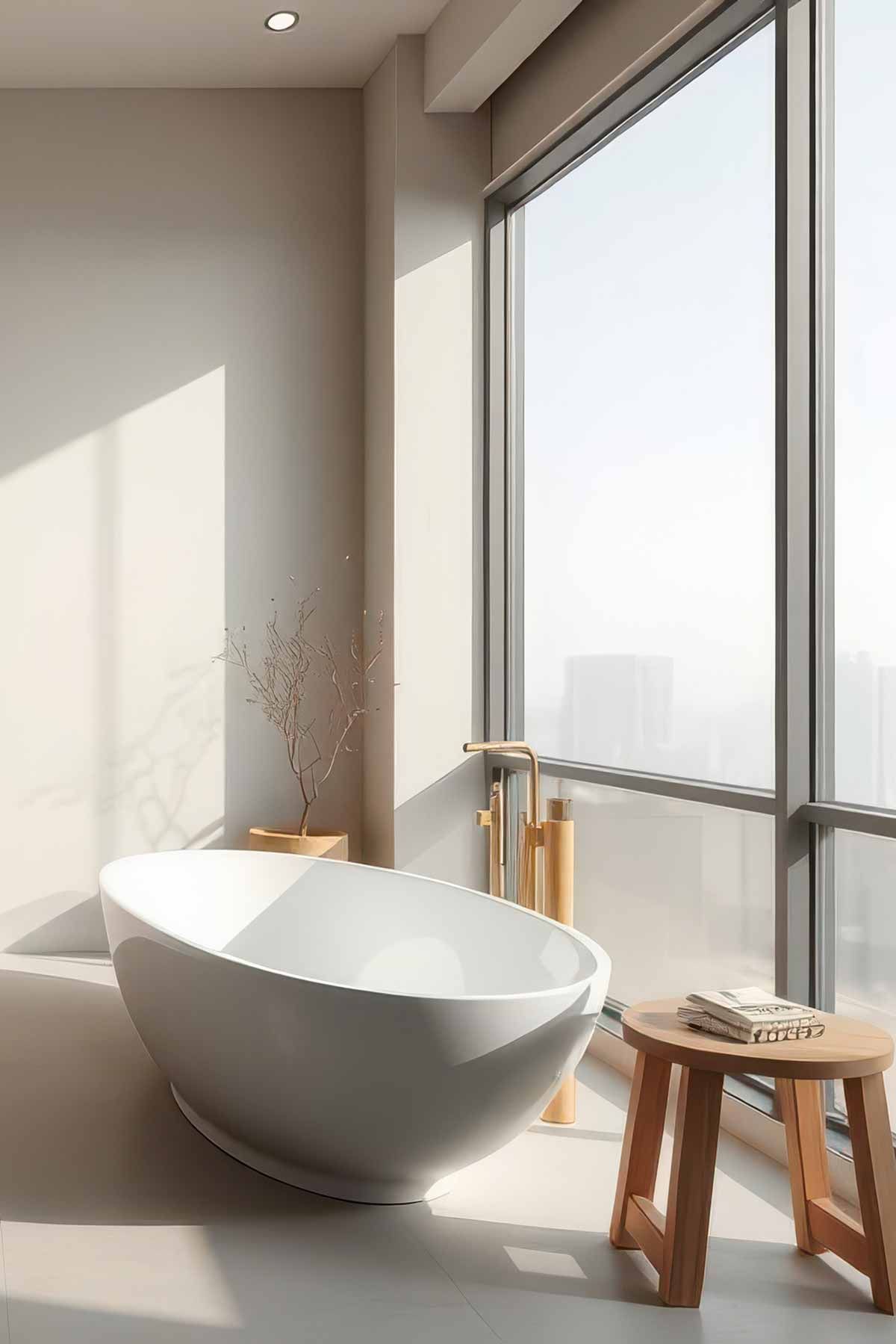 A clean bathroom with open space to increase the feel of luxury.