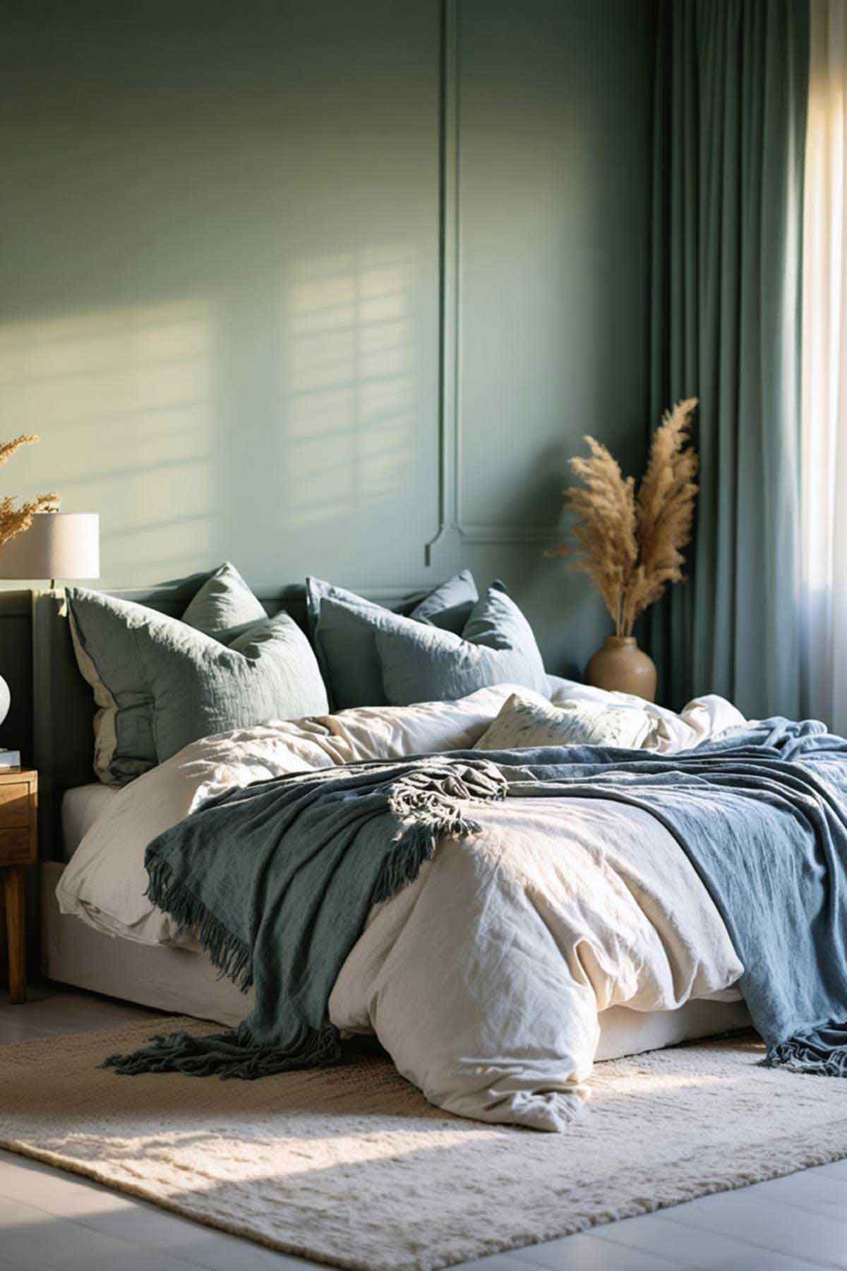 A beautiful bedroom with lovely bedding and great light.
