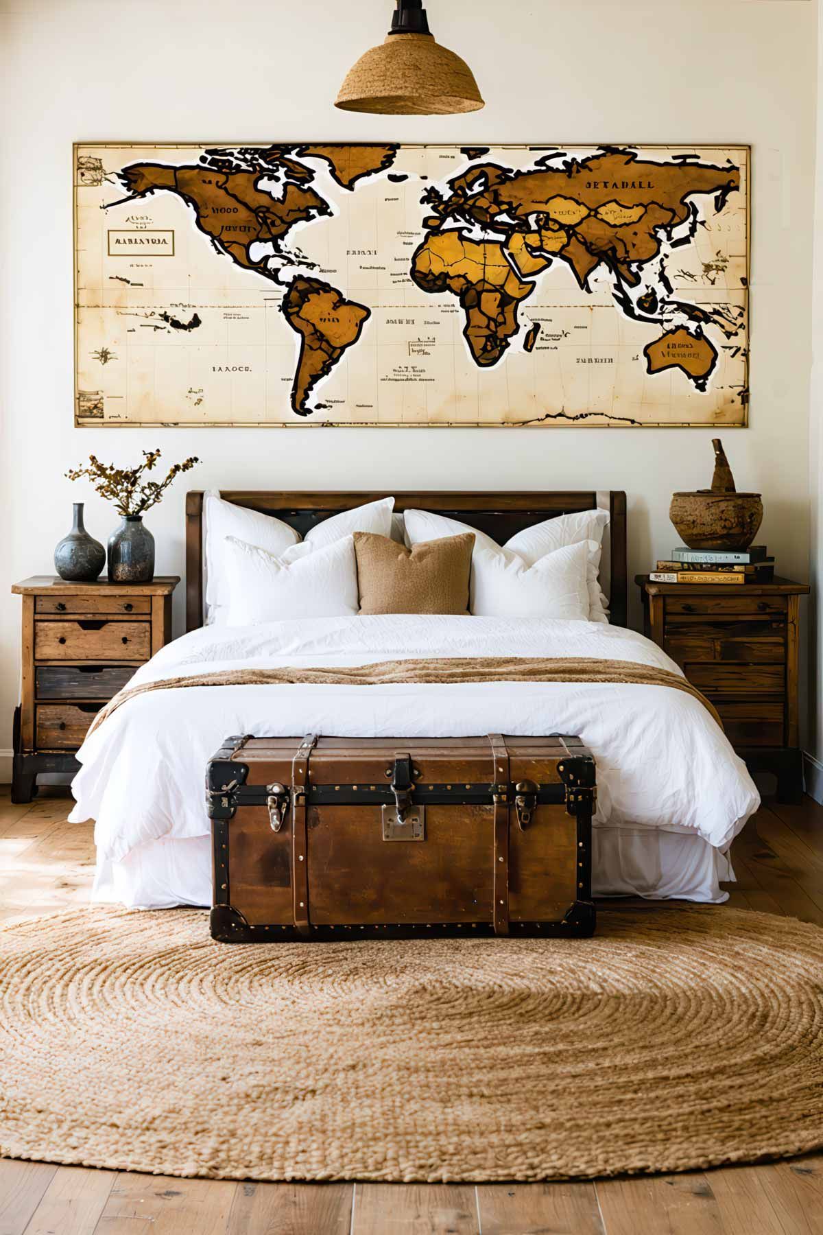 A world travellers bedroom with souvenirs from their travels