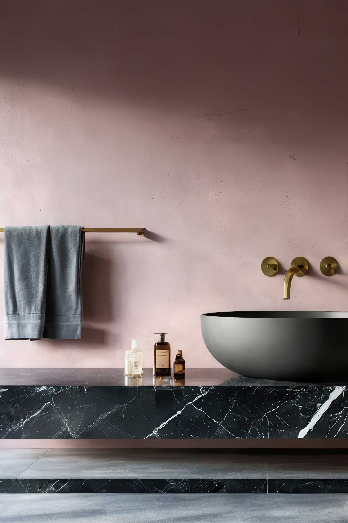Transform your bathroom with sophisticated pink accents while maintaining a modern edge.