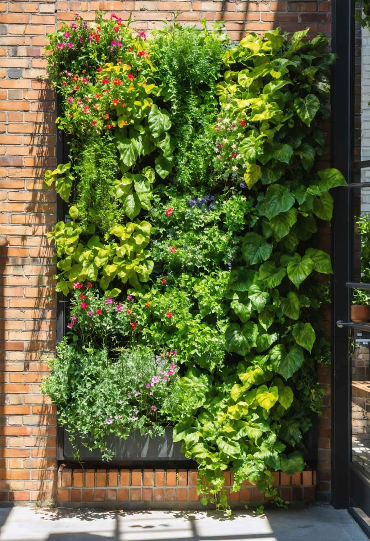 A red brick wall covered in a vertical garden