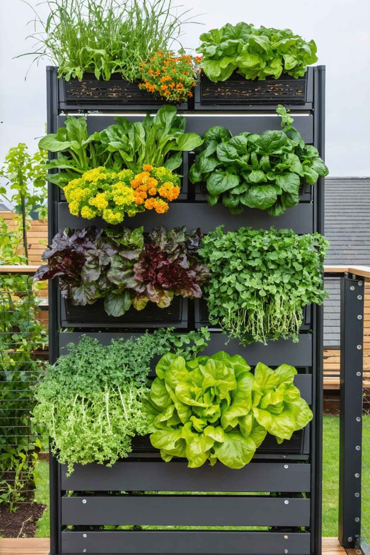 A vertical garden for vegetables and salad plants is ideal