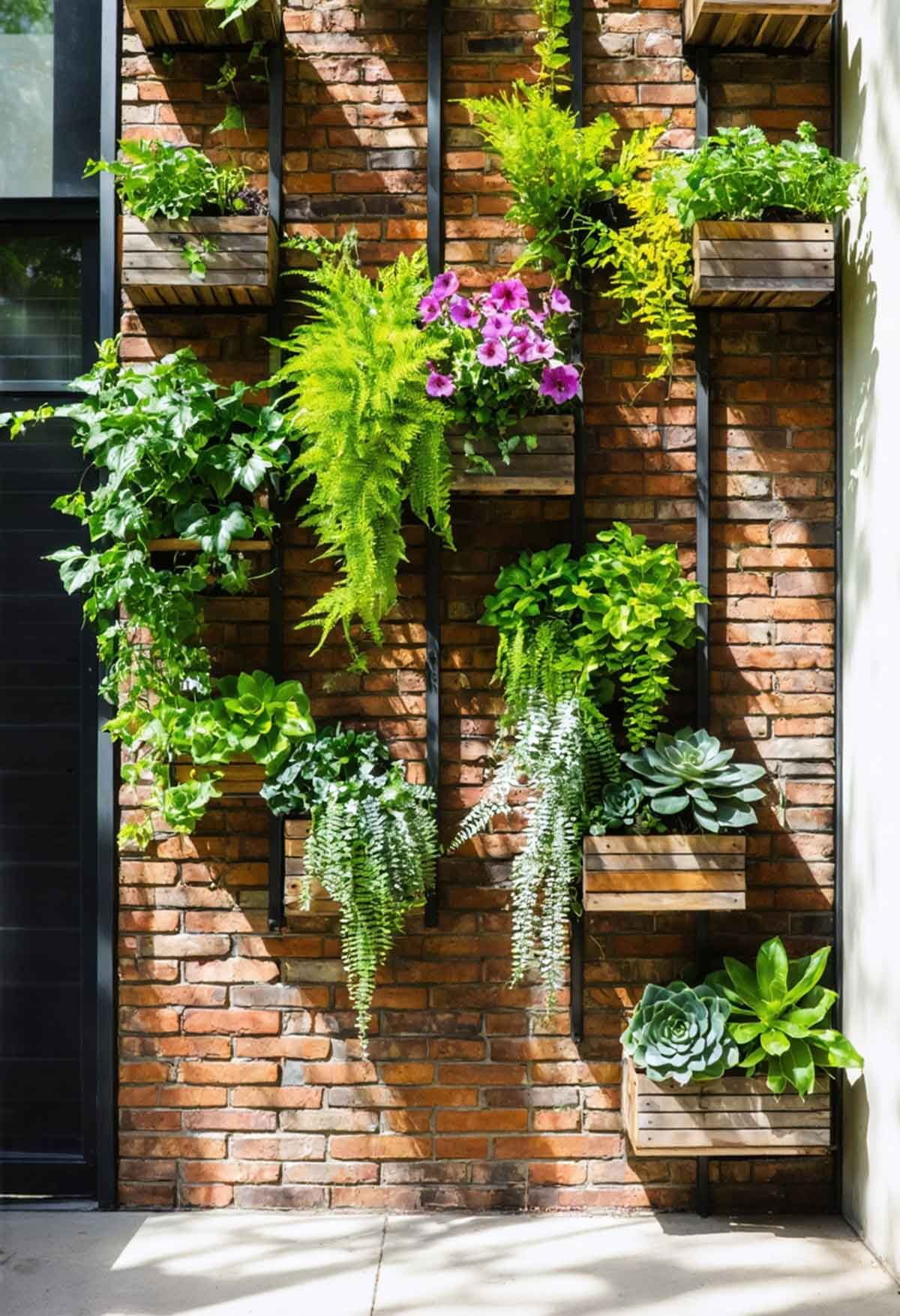 A vertical garden against a brick wall on a small terrace.