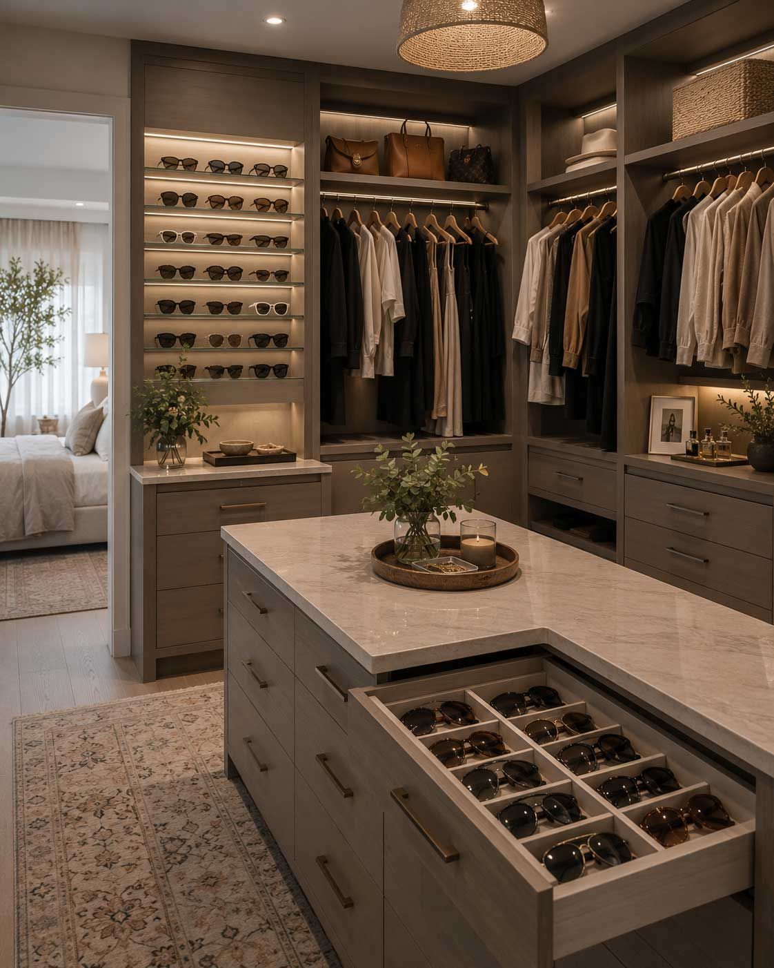 A bedroom with a walk in robe with dedicated storage for sunglasses