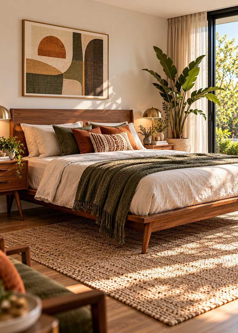 Mid-century modern bedroom featuring a walnut timber bed frame, olive green bedding, brass bedside l