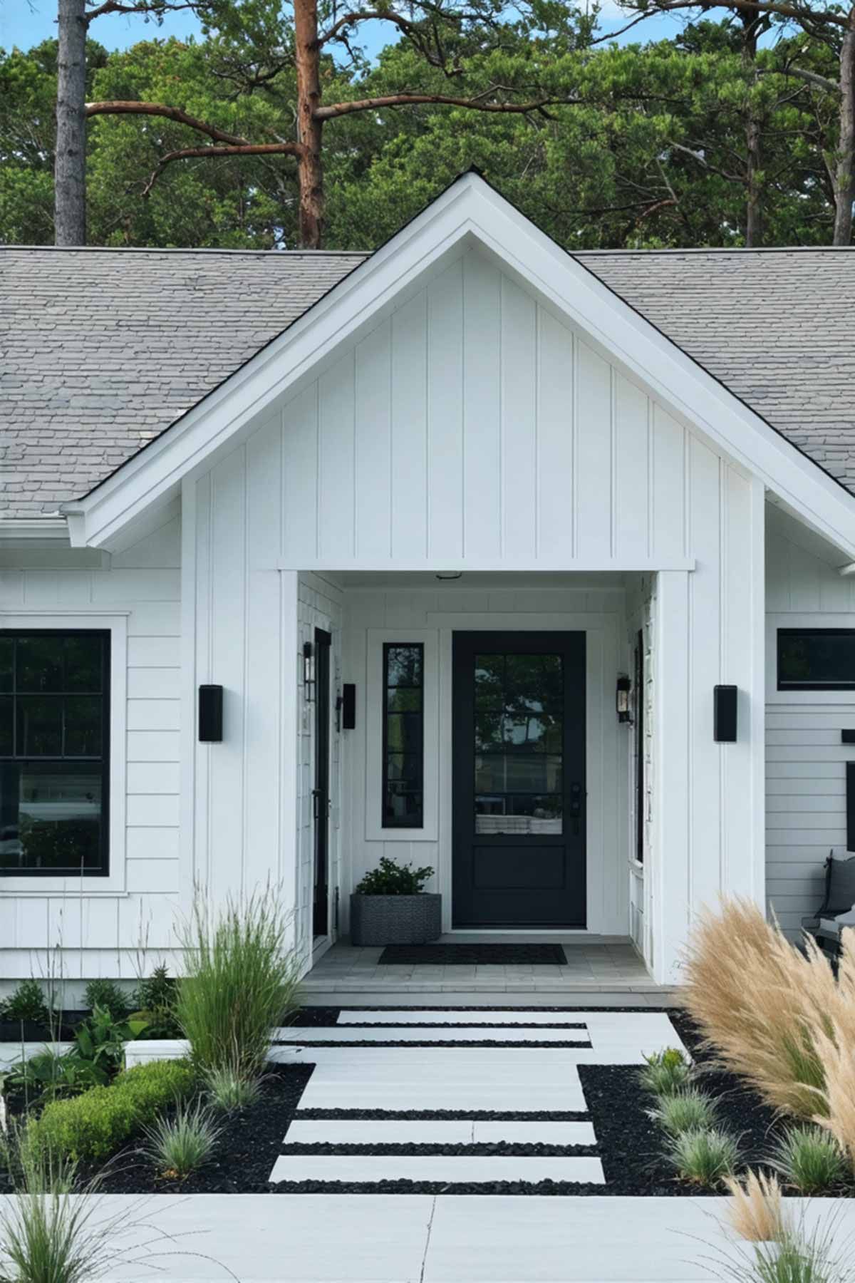 A Hamptons inspired home designed with bright white and small black trims