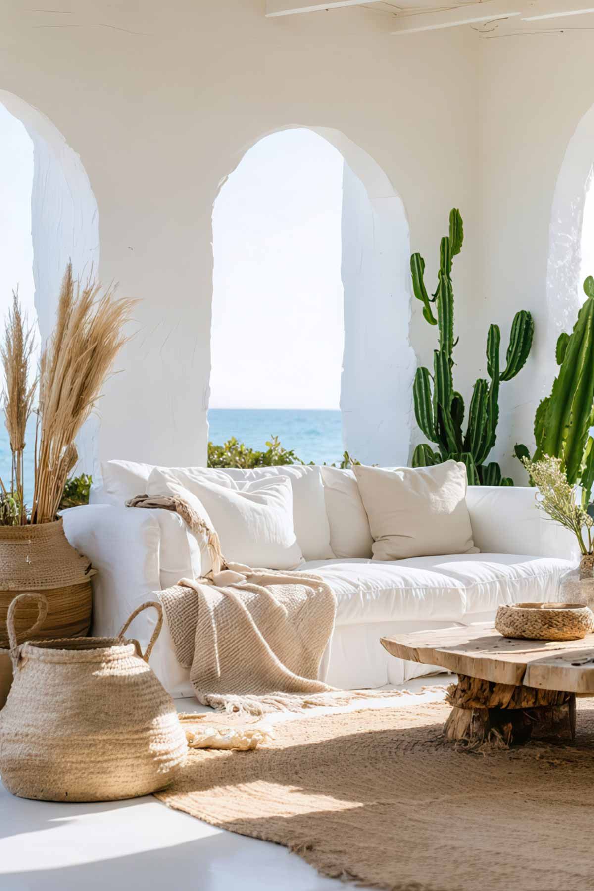 Beautiful coastal living area with natural materials and a cactus