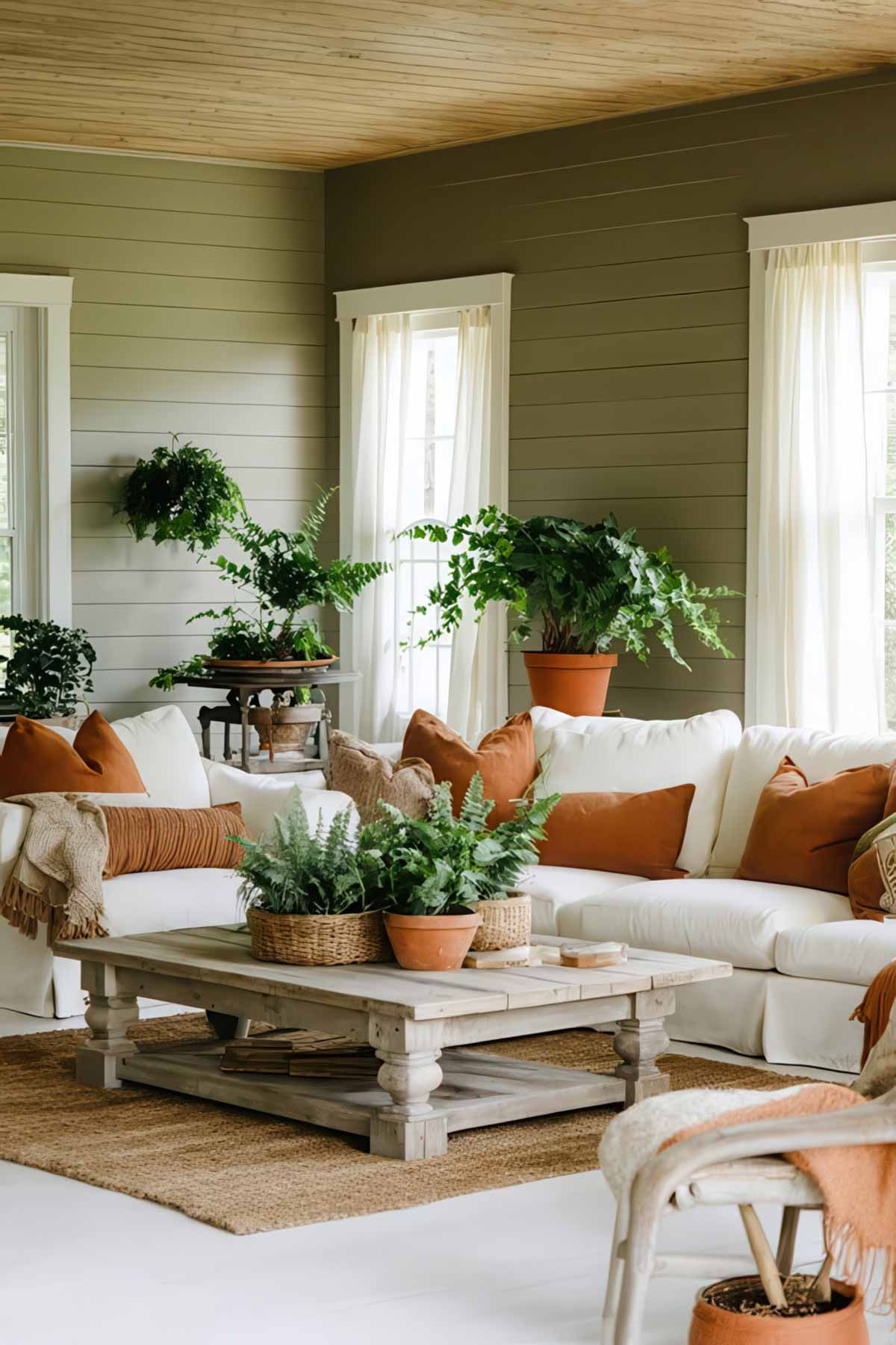 Hamptons style living room in greens and white. 