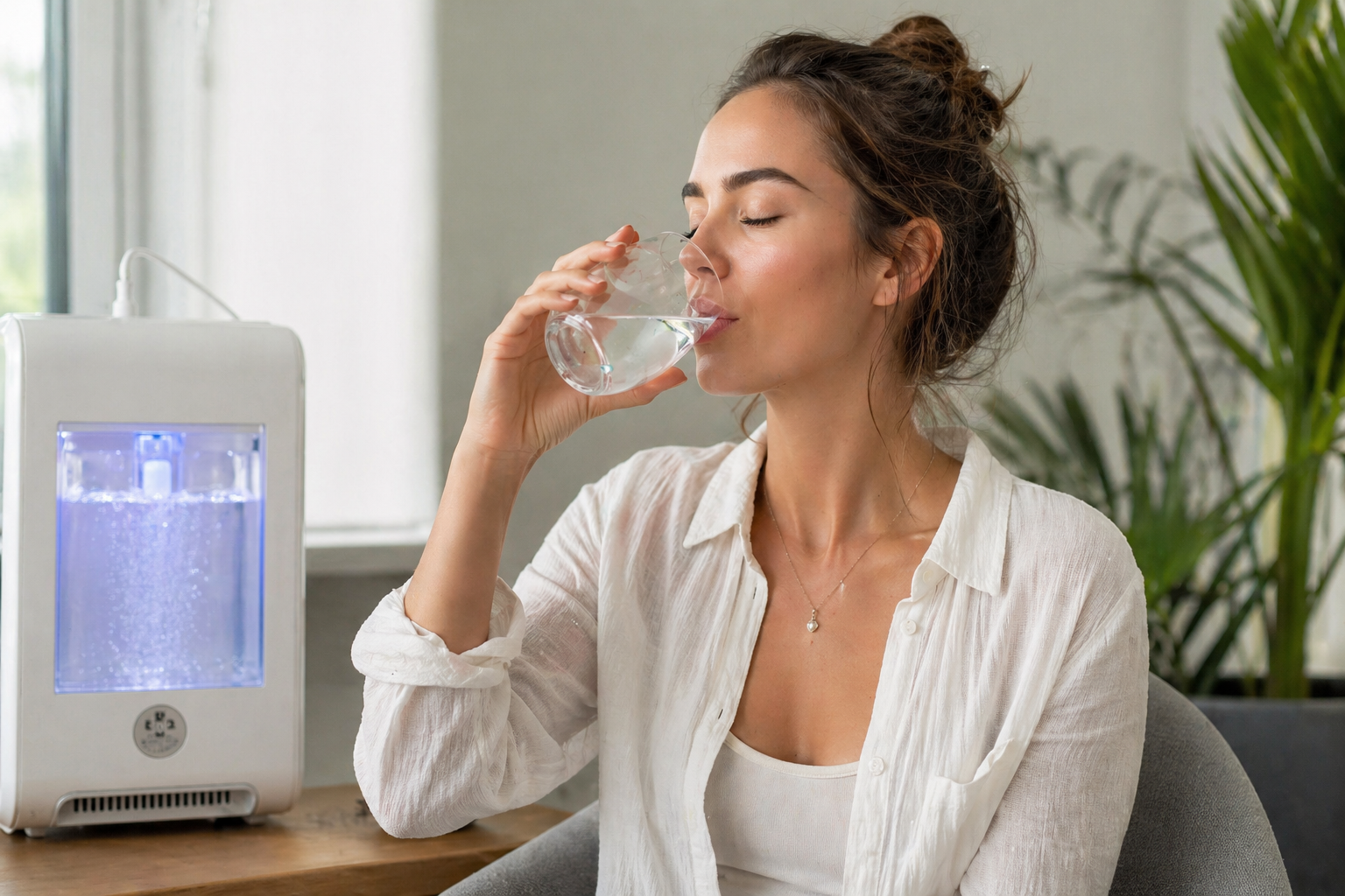 Person trinkt Wasserstoffwasser aus einem Glas neben einem Wasserstoffgerät