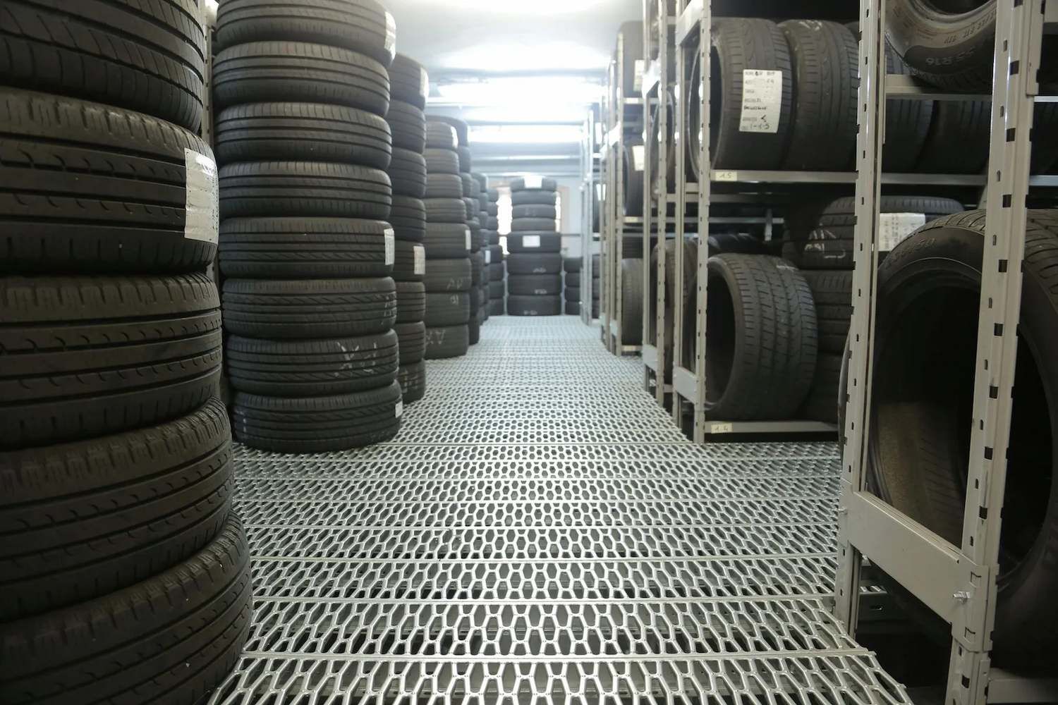 Rows Of Tyres In Grafton Stored On Industrial Shelving