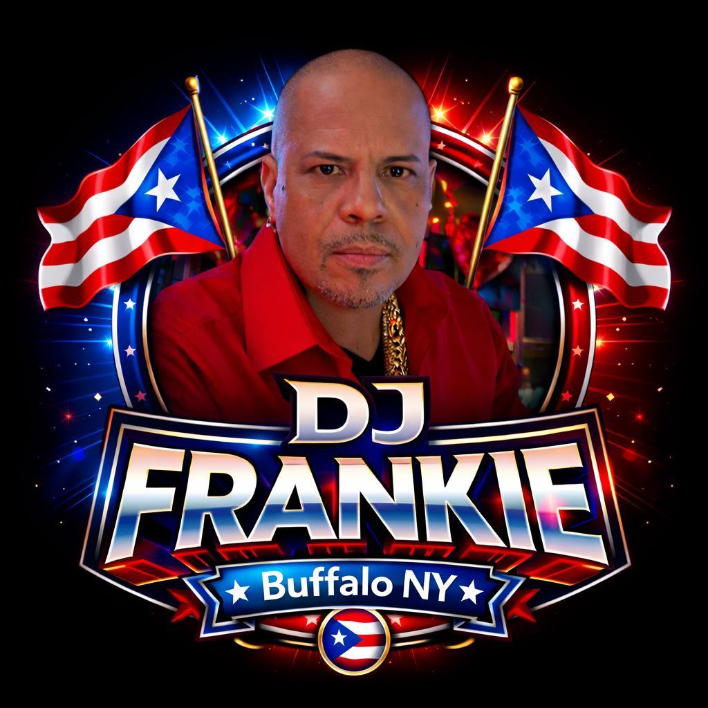 DJ Frankie logo with Puerto Rican flags, red-and-blue lights, and “Buffalo NY” text