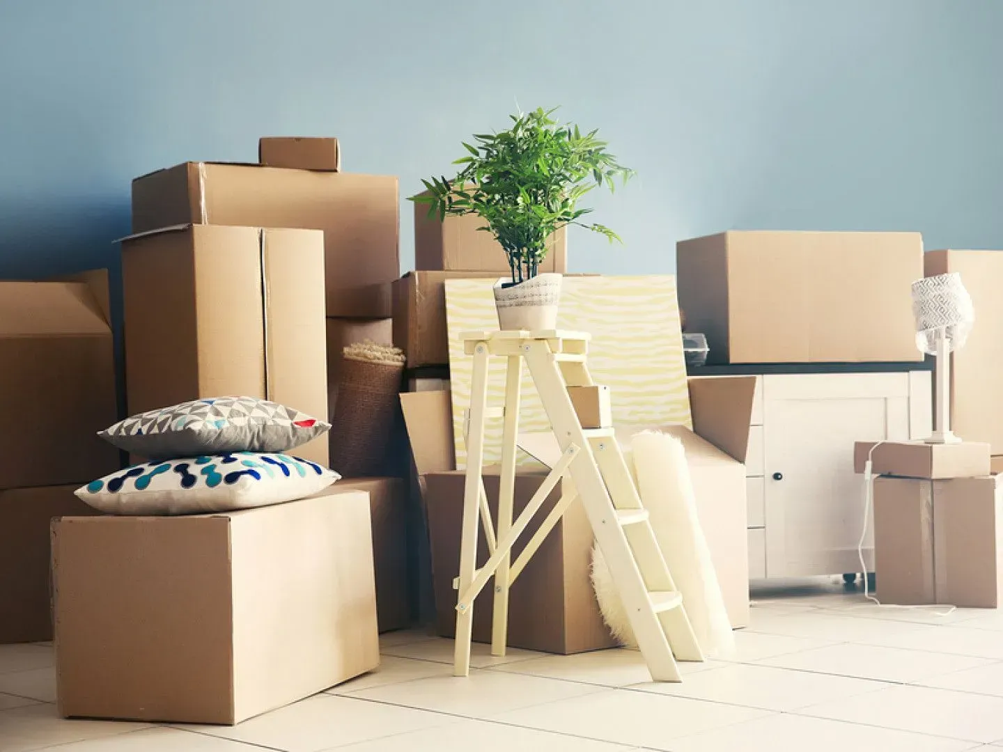 A room filled with lots of cardboard boxes and a ladder.