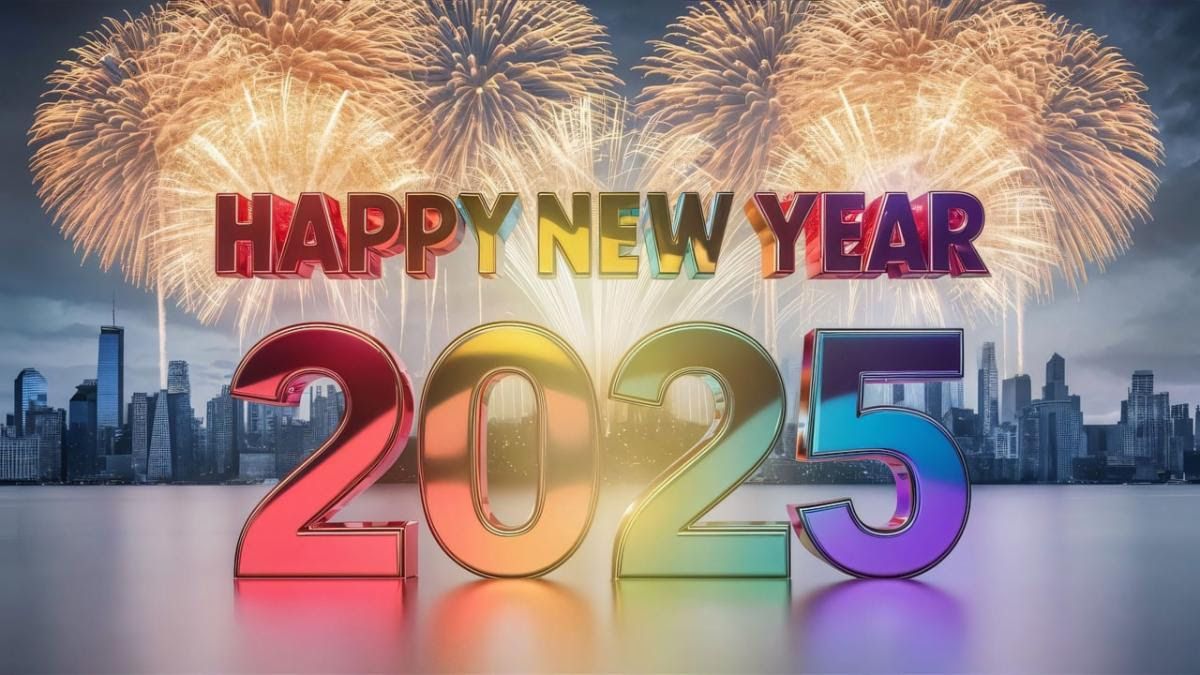 A happy new year greeting card with fireworks in the background.