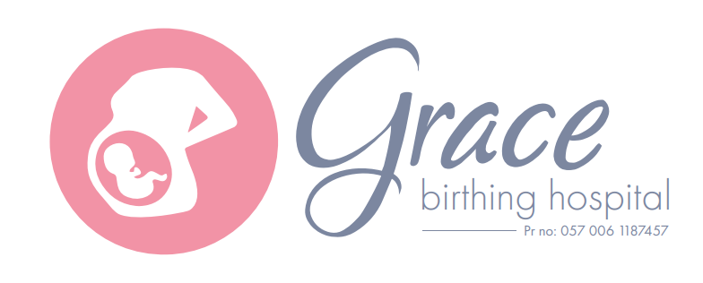 Grace Birthing Hospital logo with pink mother-and-baby icon and gray text