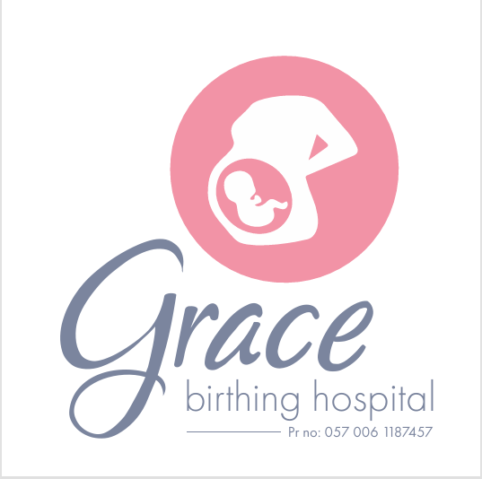Grace Birthing Hospital logo in pink and gray with stylized mother and baby icon