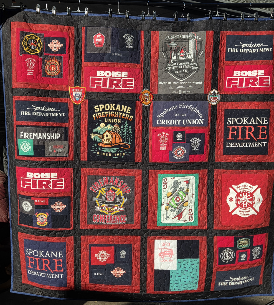 Firefighter t-shirt quilt with Boise Fire Department and Spokane Fire patches - Brown Bear Quilting Services Meridian Idaho
