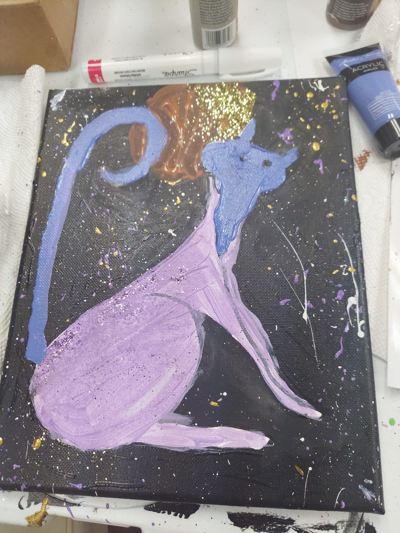 A painting of a purple and blue cat on a black background