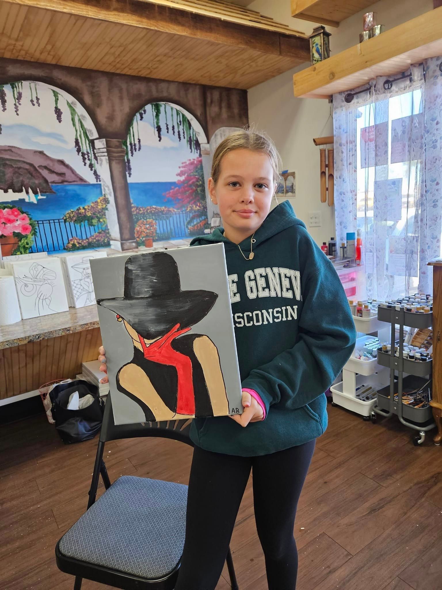 painting of a woman in black hat