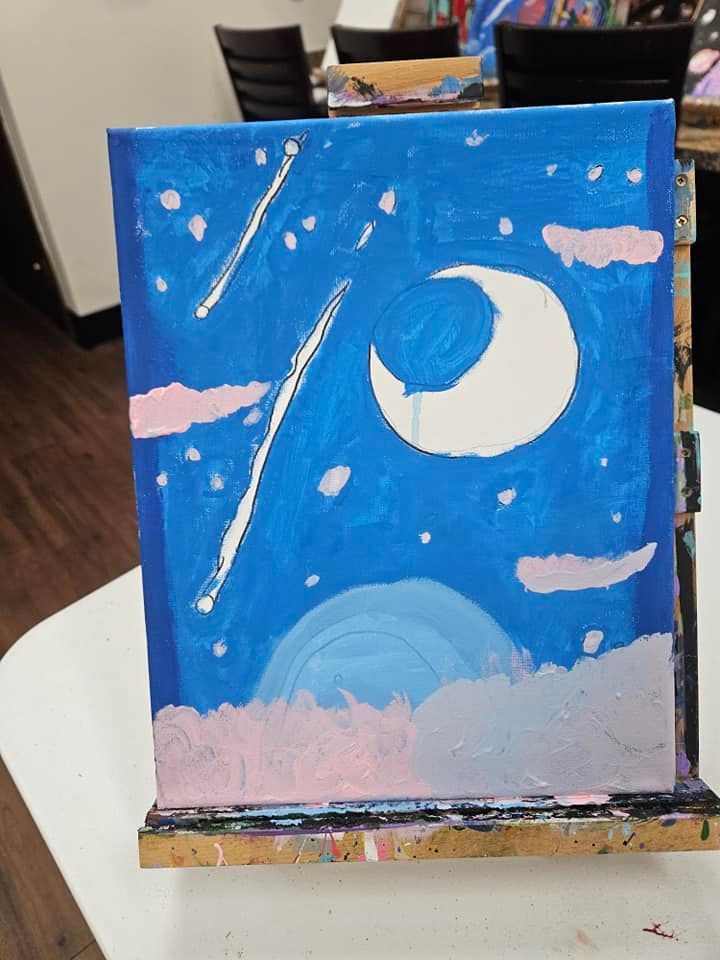 A painting of a blue sky with a crescent moon and stars