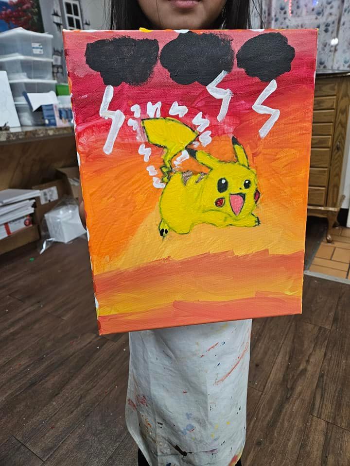 A person is holding a painting of a pikachu with lightning and clouds.