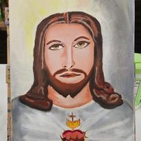 A painting of jesus with a beard and a heart on his chest.