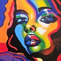 A close up of a colorful painting of a woman 's face.