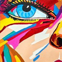 A close up of a colorful painting of a woman 's eye.