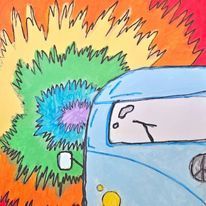 A drawing of a van with a rainbow in the background.