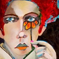 A close up of a painting of a woman holding a flower in front of her face.