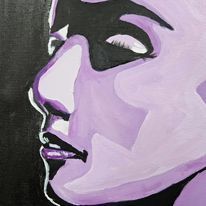 A close up of a purple and black painting of a woman 's face.